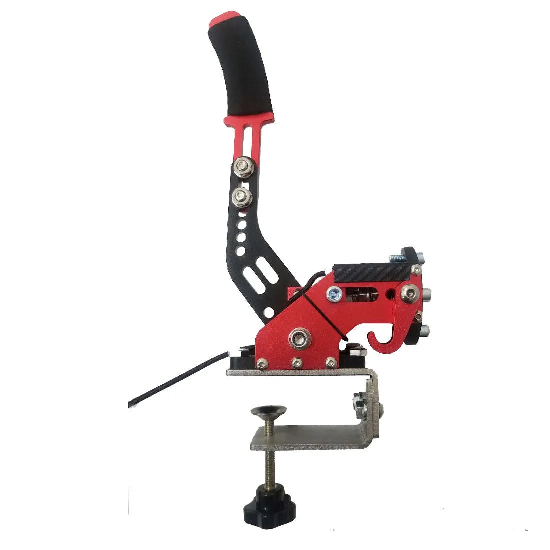USB handbrake for PC racing simulators with metal lever and universal mounting clamp.