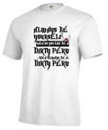 Front view of a man's white short sleeve t-shirt with a printed design, showing straight-cut casual fit.