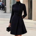Women's long sleeve Bohemian style casual dress in black with high waist and zip.