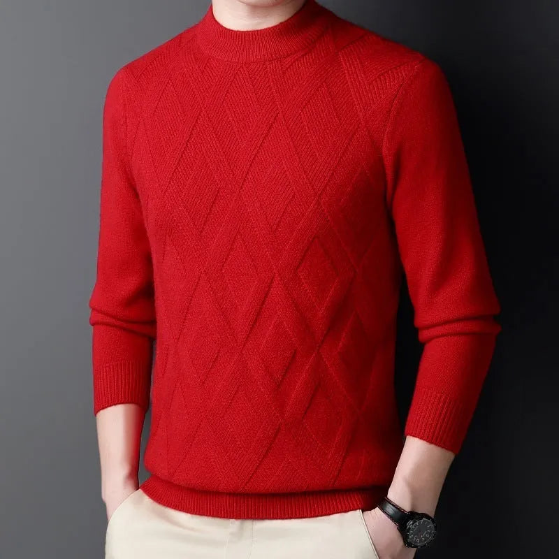 Men's thick grey diamond jacquard wool-blend pullover sweater on a hanger.