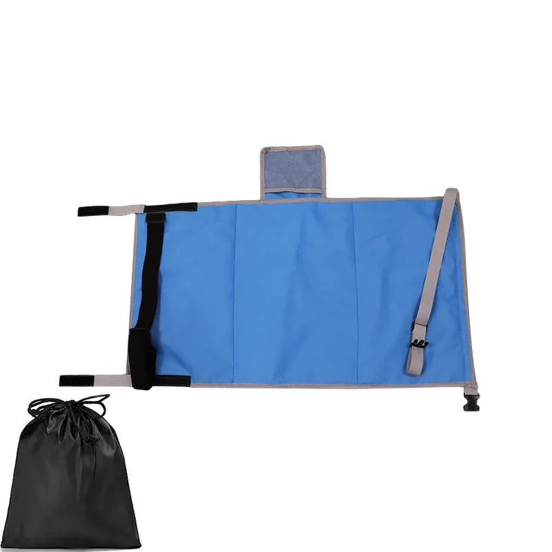 Blue portable children's aircraft pedal seat extender with matching drawstring bundle pocket for car booster seats