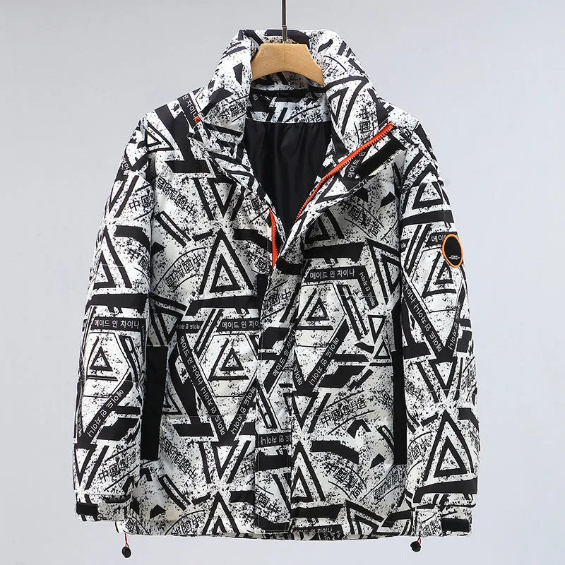 Men's winter thickening down jacket with white duck down filler in camouflage pattern, black colour