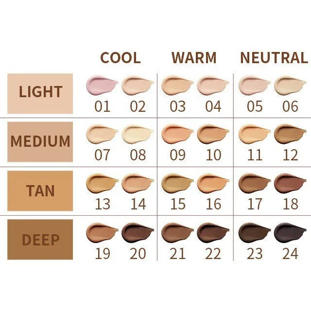 Liquid concealer pen showing 24 colour shades for waterproof, sweatproof coverage and contouring.