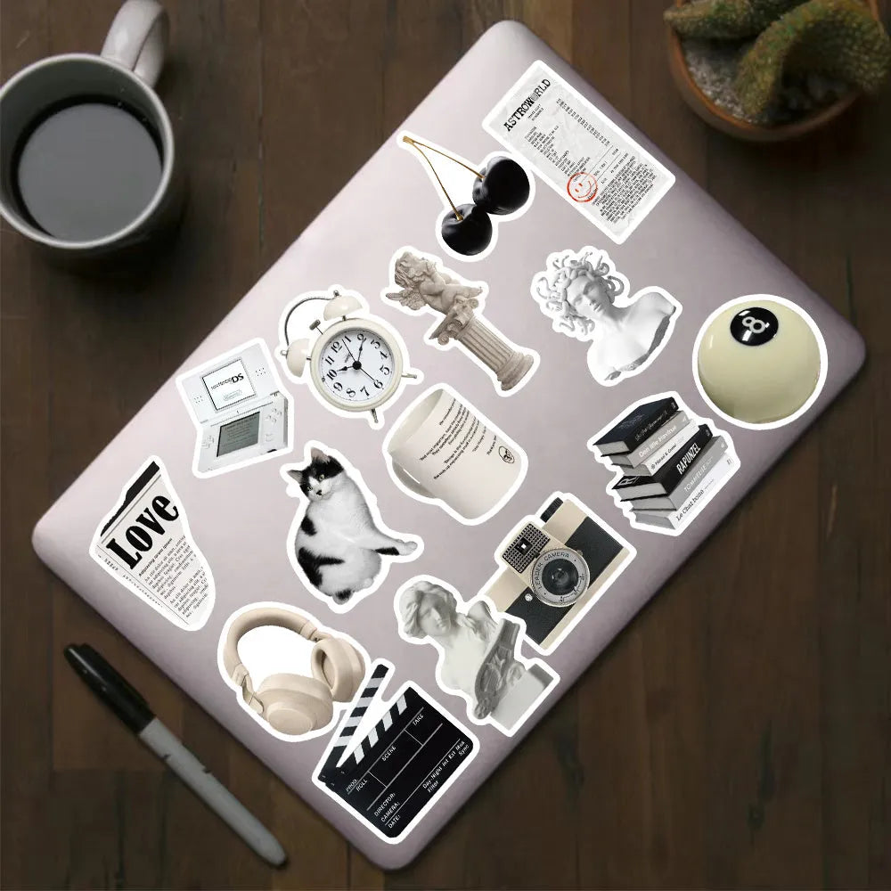 61 black and white coffee and tea themed PVC vinyl stickers for decoration.