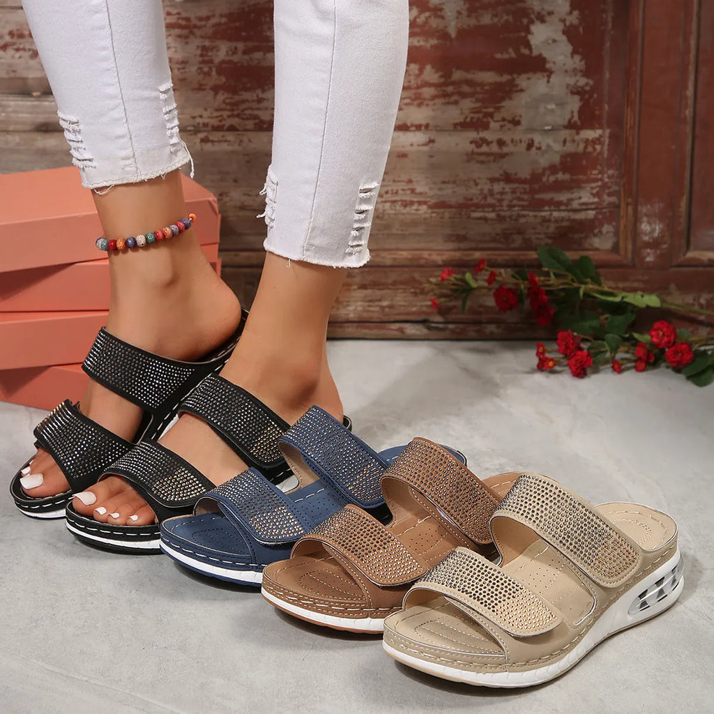 Women's air cushion wedge rhinestone slides sandals in beige, non-slip polyurethane sole, fish mouth toe, PU upper