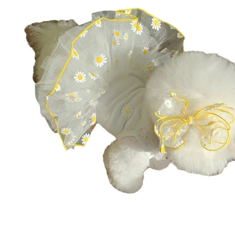 Yellow daisy pattern dog clothes on pet model showing thin polyester summer construction