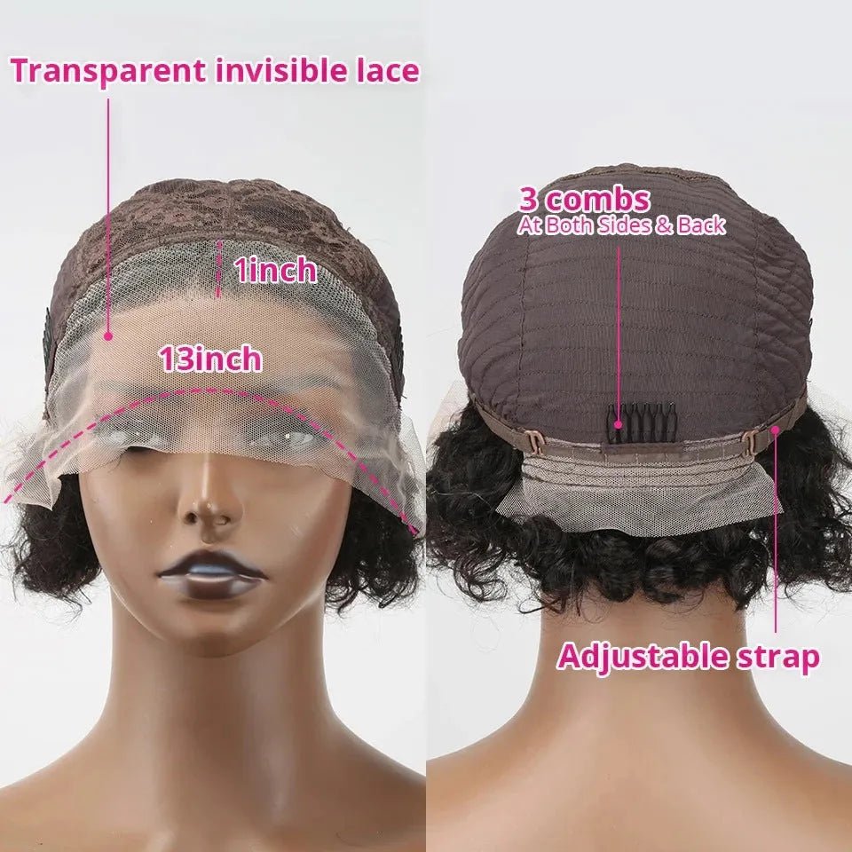 Black short pixie wig with 13x1 lace frontal and pre-plucked hairline made from human hair