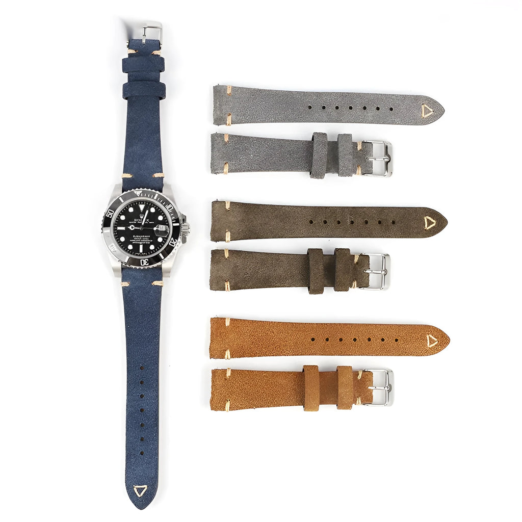 Genuine suede leather watch strap in small waist design showing brown colour option