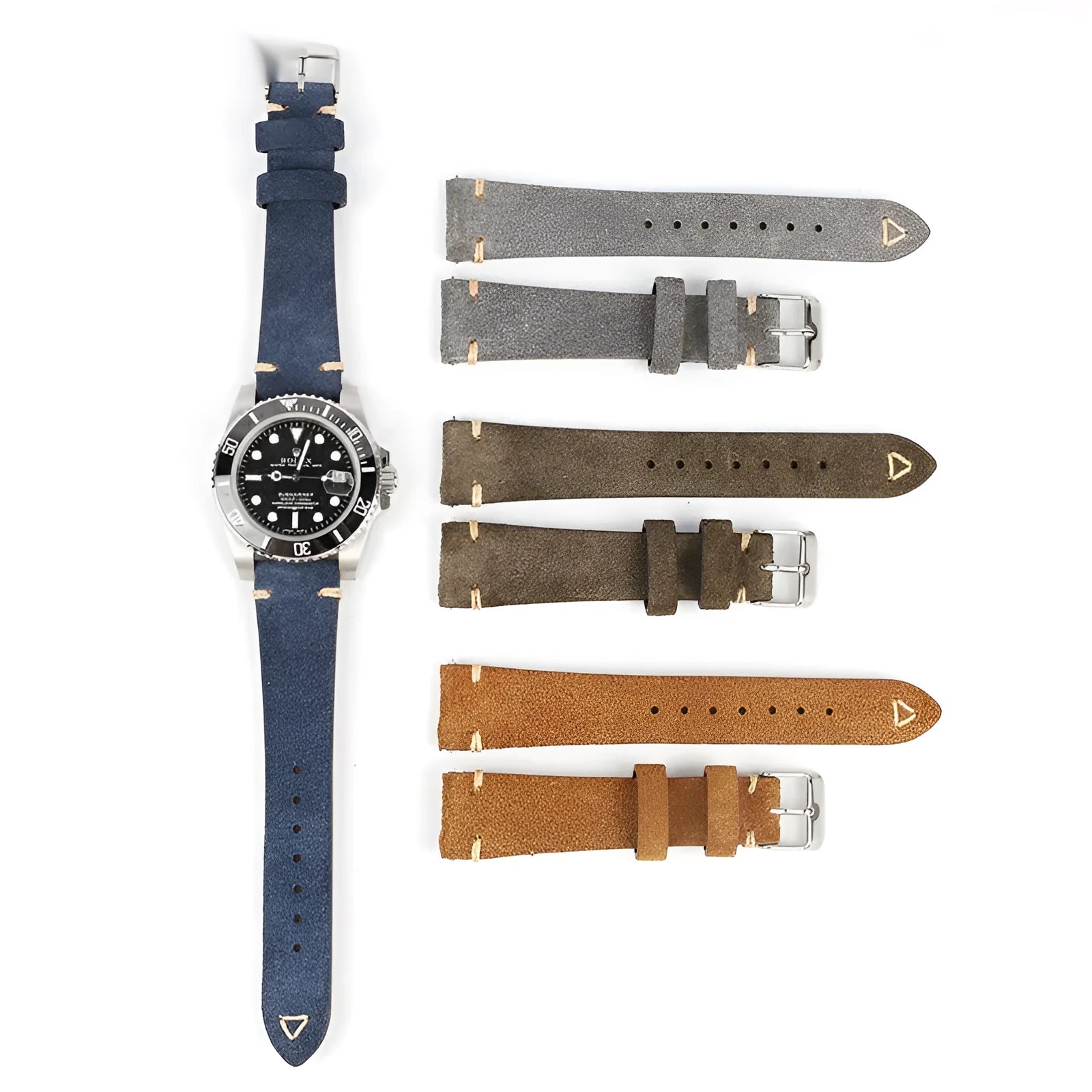 Genuine suede leather watch strap in small waist design showing brown colour option