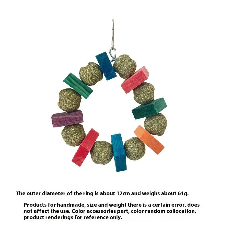 Hamster toy set showing decorative straw ball rings and applewood molar bite rod for small animal enrichment