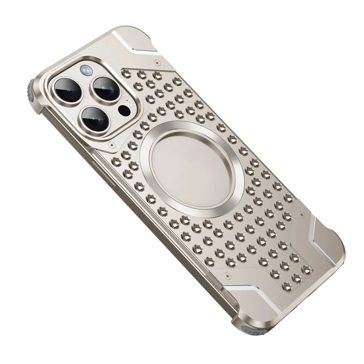 Hollow magnetic suction alloy phone case for iPhone in black, silver, gray, purple, and blue