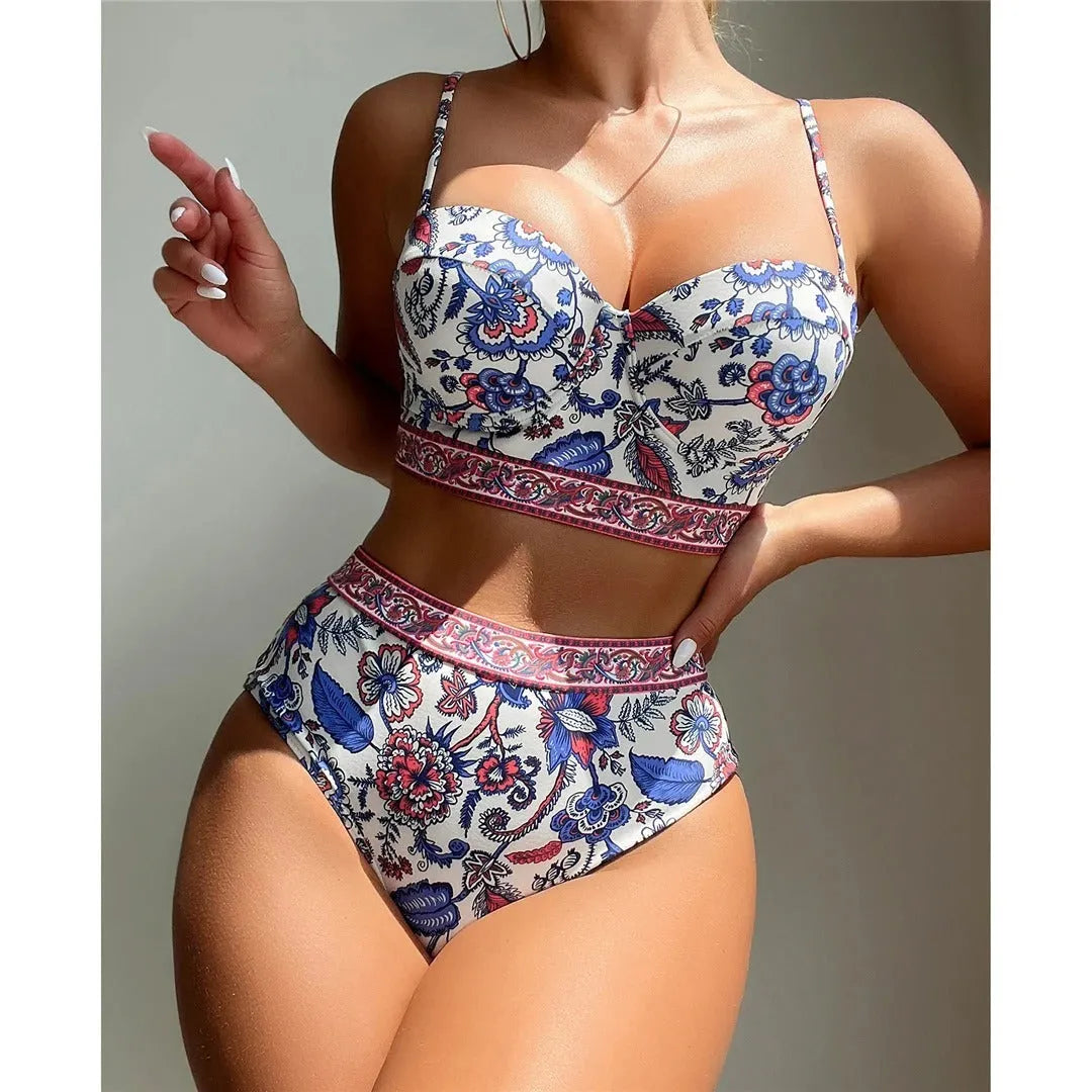 Blue women's high-waisted push-up bikini swimsuit with sleeveless design for swimming