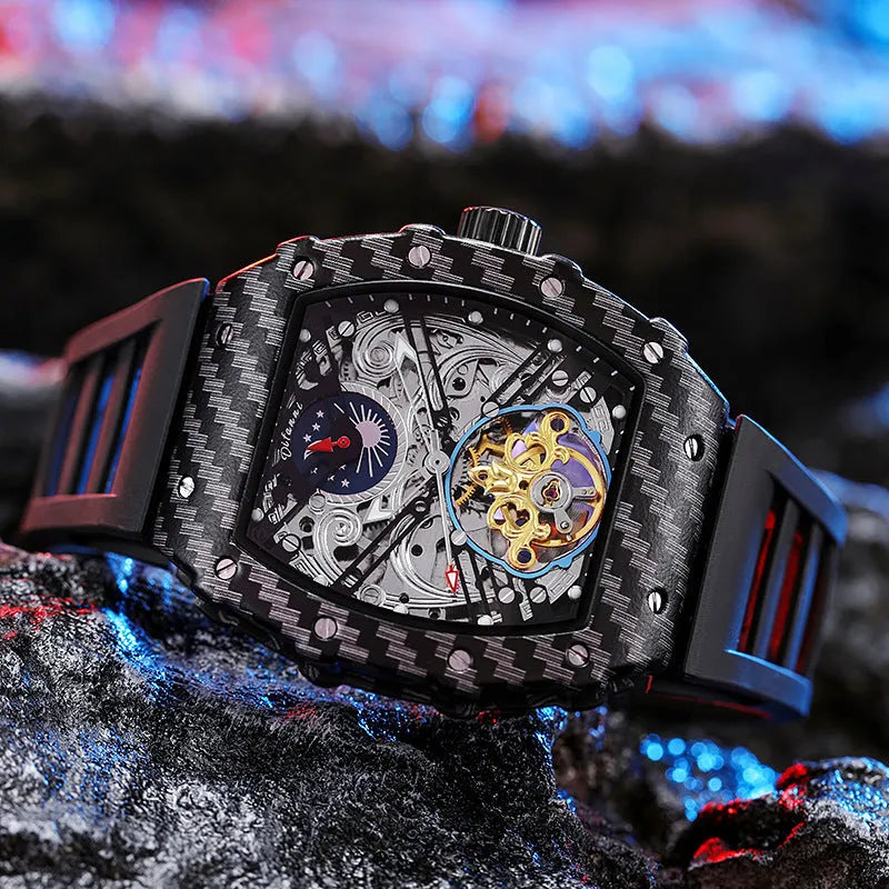 Men's automatic mechanical watch with black dial, luminous hands, stainless steel case, and black rubber strap.