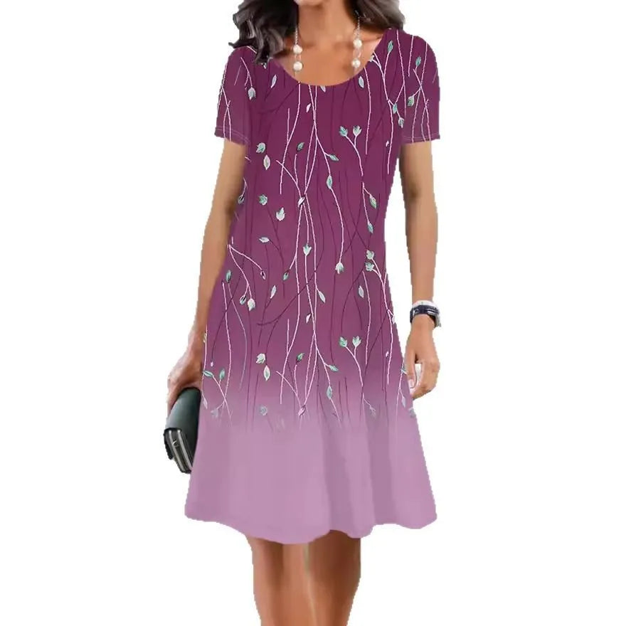 Women's Ice Silk floral print midi dress with short sleeves and an A-line skirt on a hanger.