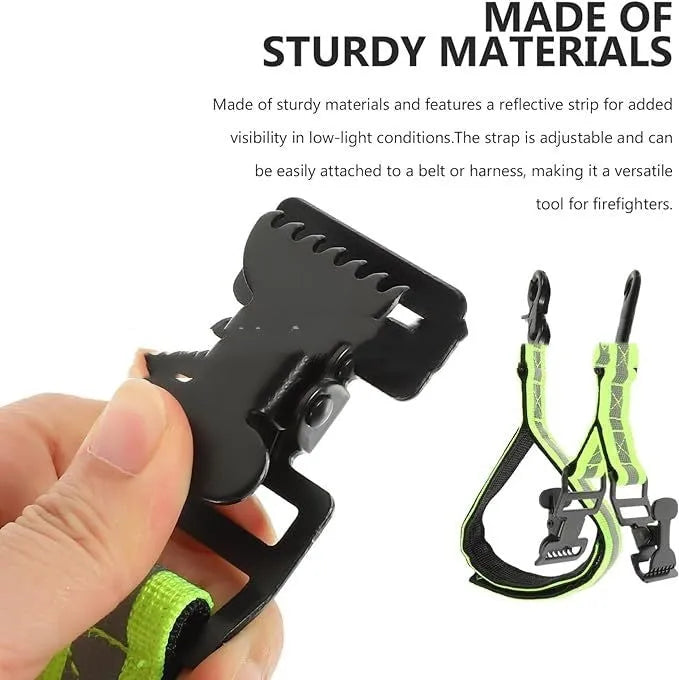 Fluorescent green universal safety clip with a metal buckle for fireman gloves and industrial equipment.