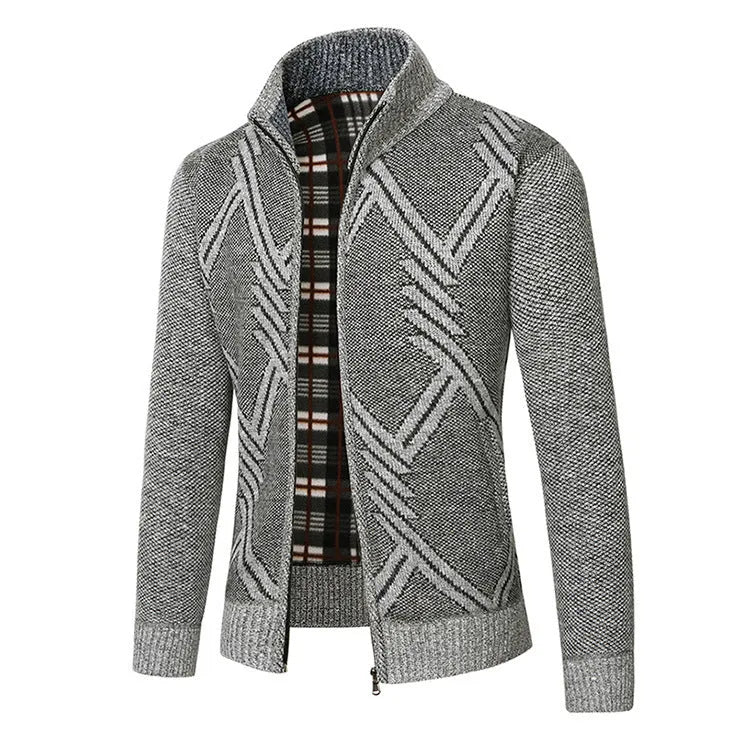Men's thick cotton blend stand collar zipper cardigan sweater in light gray, long sleeves, size M to 3XL