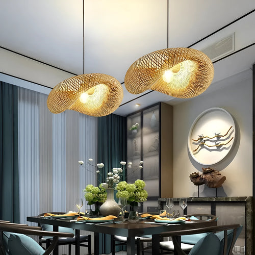 Bamboo straw hat-shaped hanging ceiling lamp in natural woven finish