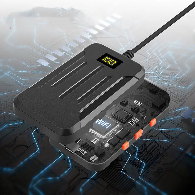 WiFi dual lens endoscope camera with 5.5mm and 8mm probes, magnet, and hook accessories on a table.