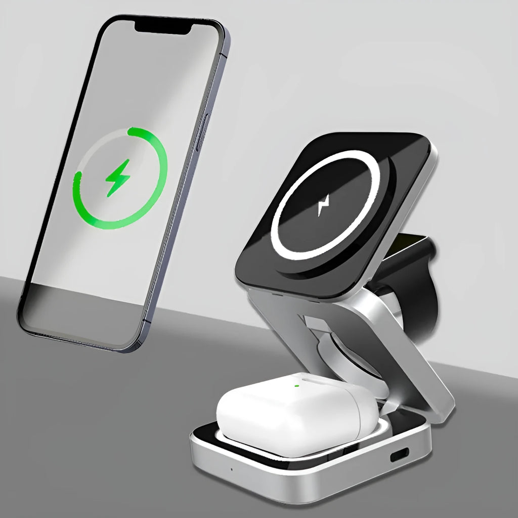 Three-in-one desktop wireless charging bracket showing iPhone, Samsung phone, and Pixel Watch charging simultaneously