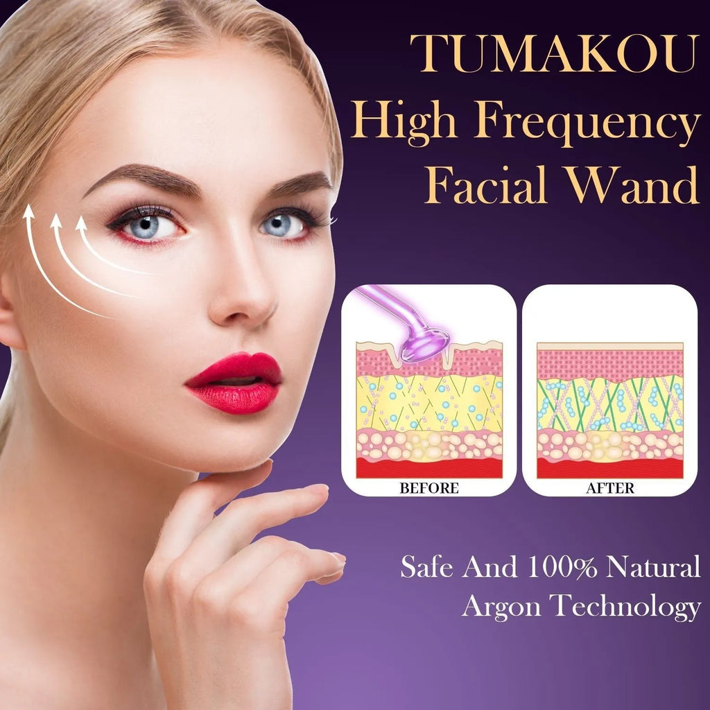 Purple high-frequency electrotherapy rod with six accessory heads for professional skin treatments