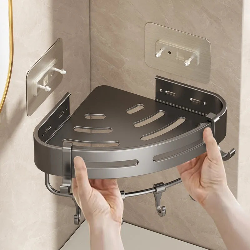 Gun grey wall-mounted bathroom storage rack with corner design and punch-free installation