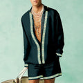 Men's slim fit summer shirt and shorts set in colour-block pattern.