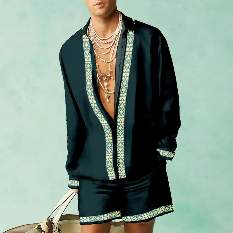 Men's slim fit summer shirt and shorts set in colour-block pattern.