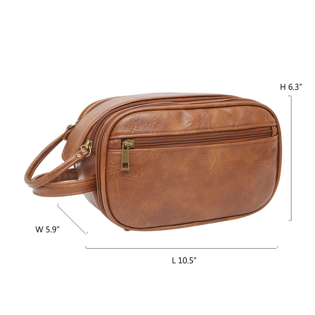 Men's black PU toiletry bag with zip closure and top handle, showing internal compartments.