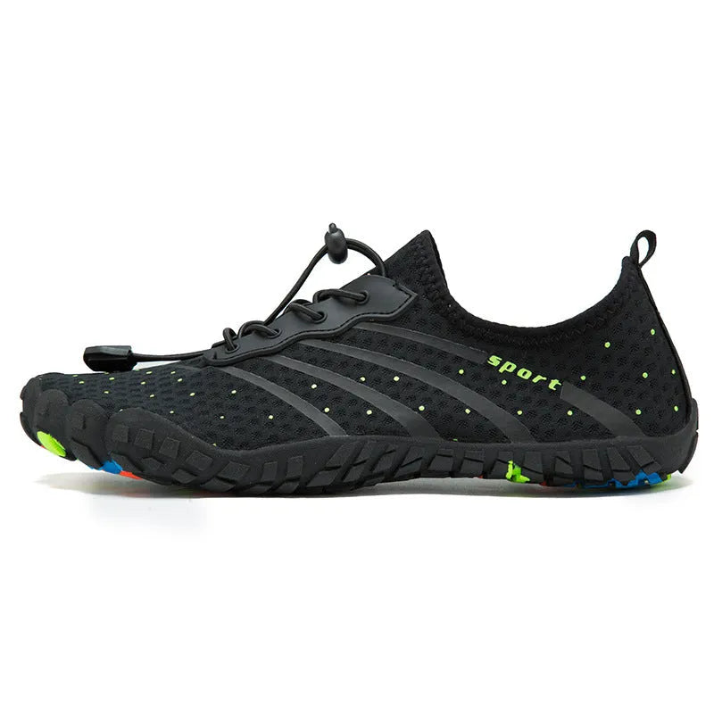 Fast drainage beach swimming shoes with mesh fabric upper and rubber sole in army green colour