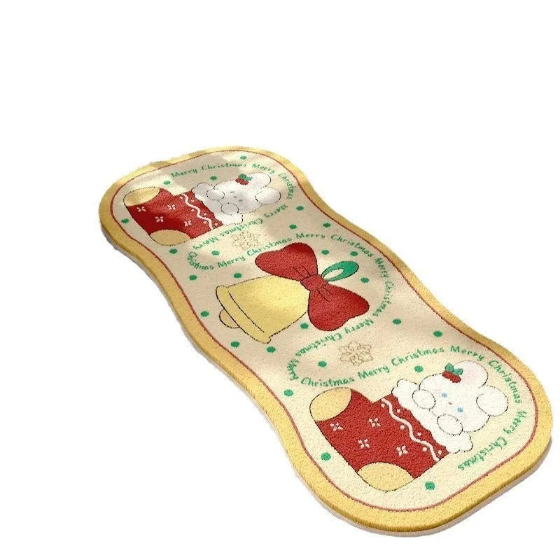Christmas-themed imitation cashmere floor rug with festive pattern options on a wooden floor.