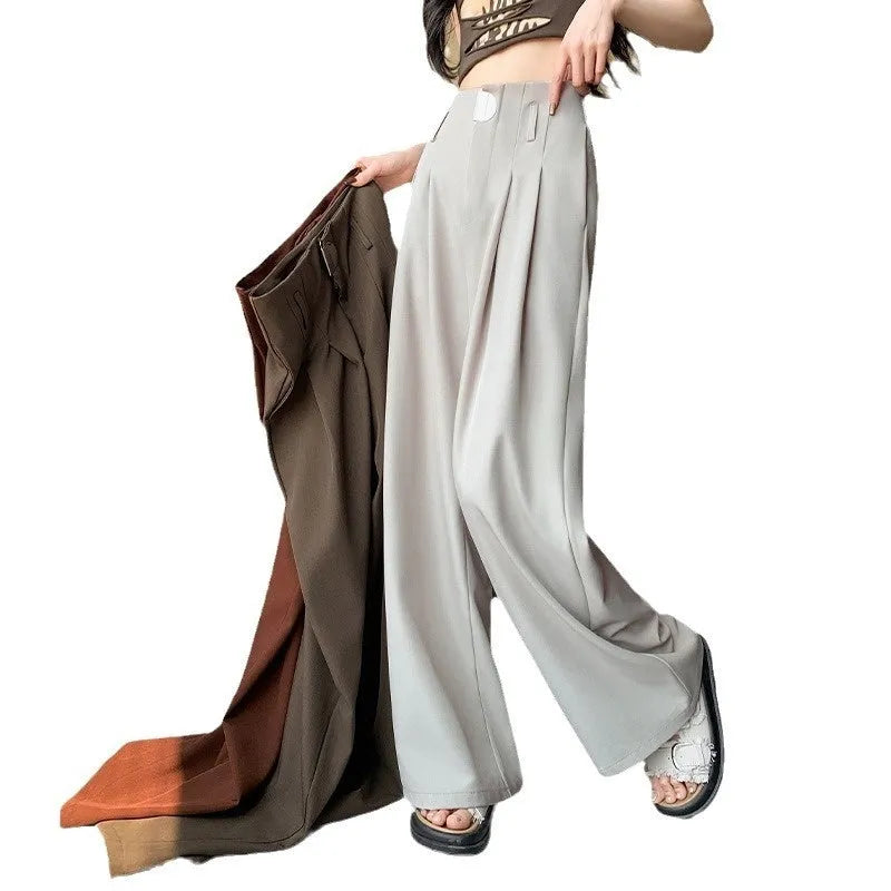 Women's high-waist wide-leg pants in slightly elastic spandex, straight loose fit, black beige burgundy brown, S to 2XL
