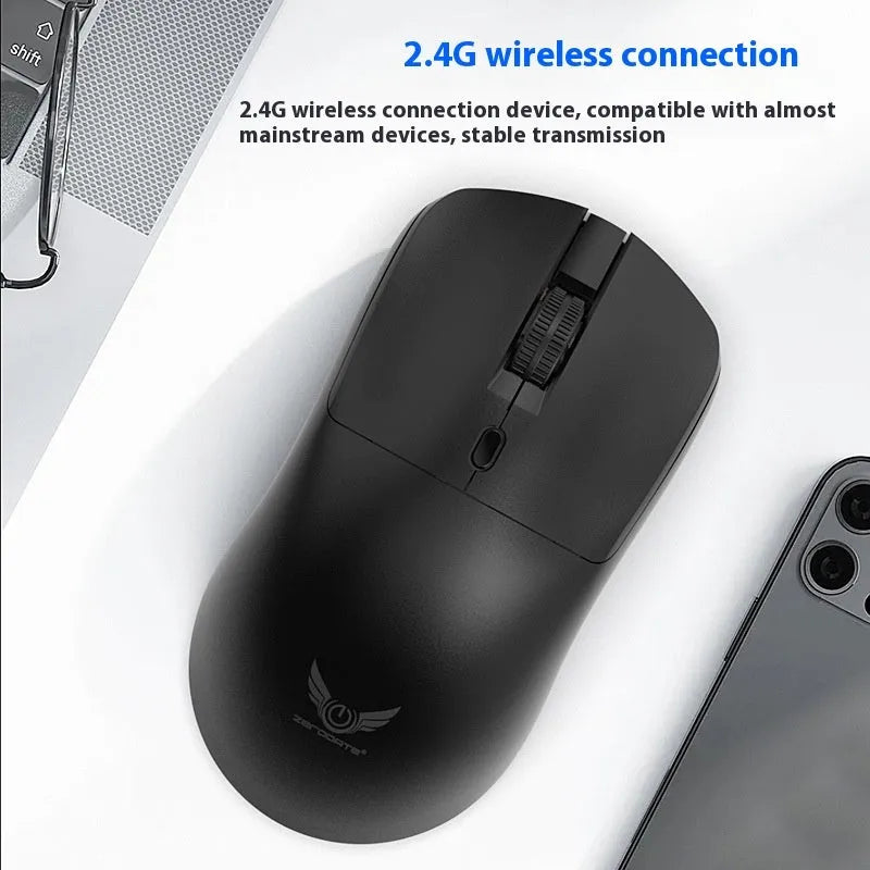 Black wireless computer mouse with three DPI settings and audio control buttons