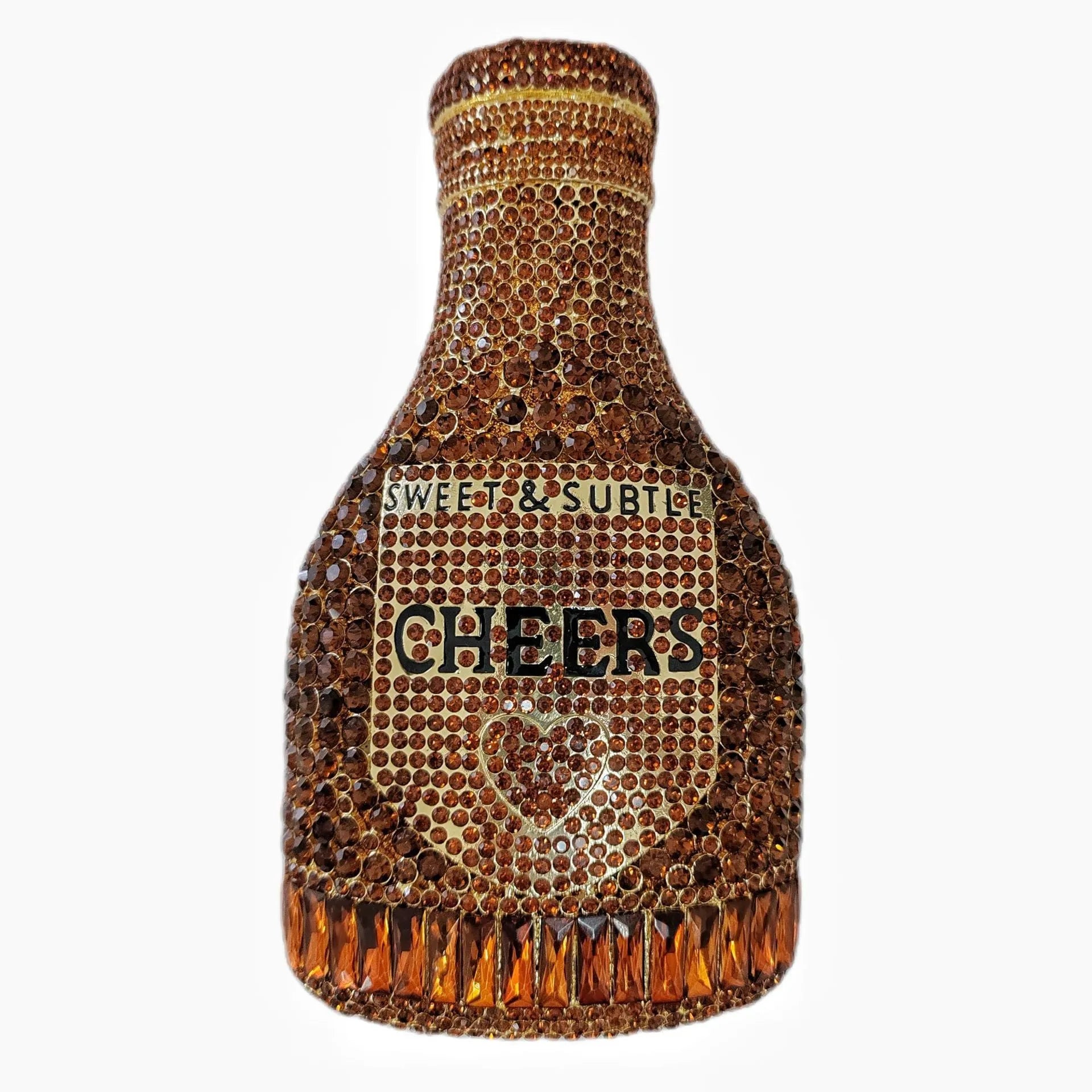 Gold rhinestone evening clutch bag shaped like a champagne bottle with a hard frame.