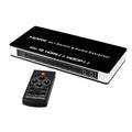 Black HDMI audio separation switch with four inputs and one output, remote control, and UK power adapter