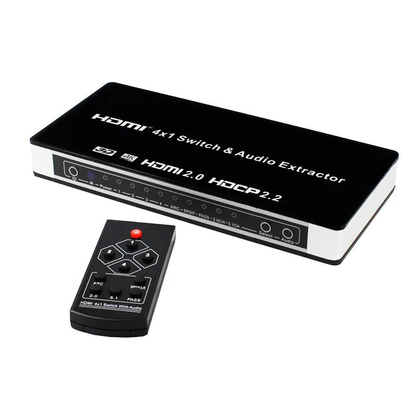Black HDMI audio separation switch with four inputs and one output, remote control, and UK power adapter