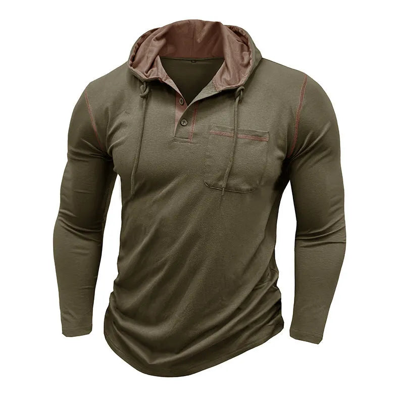 Men's long-sleeved hooded Henley T-shirt in cotton blend, pullover outdoor top