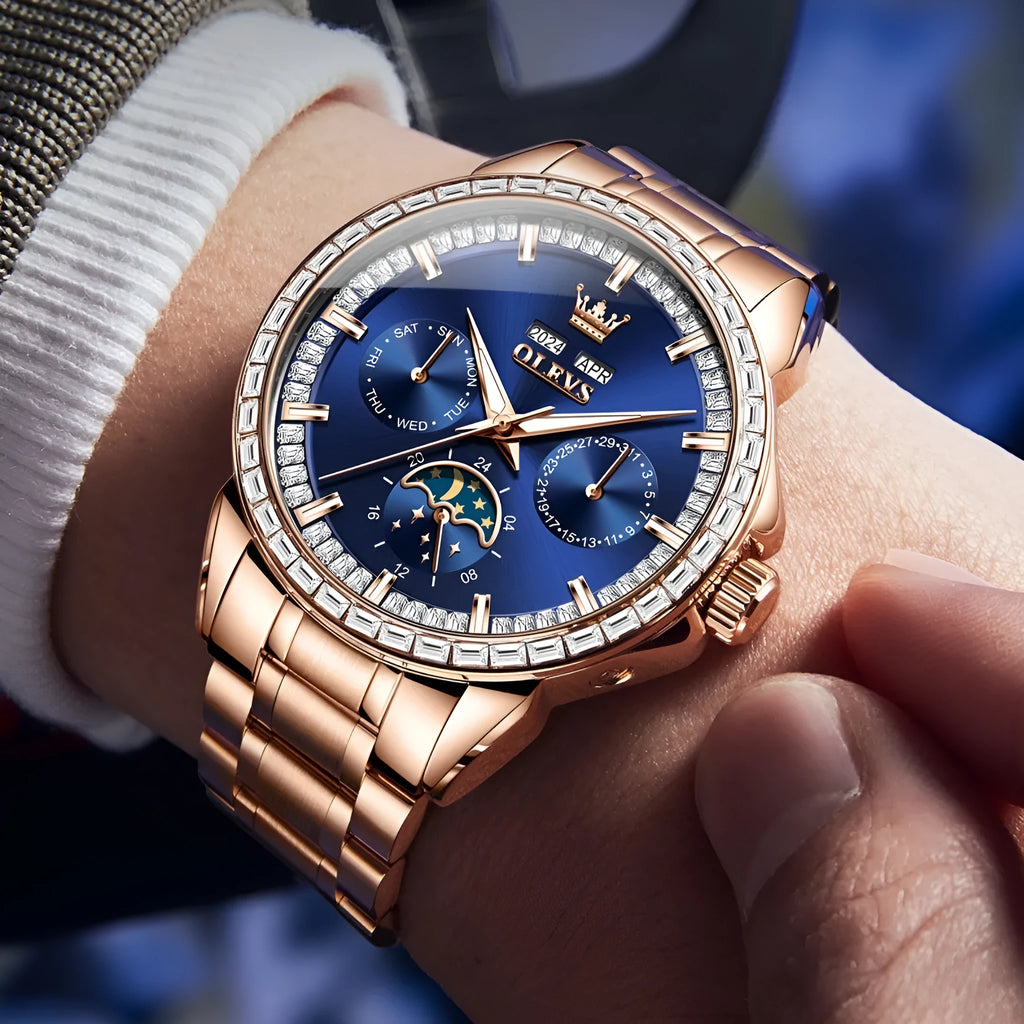 Men's diamond-embedded automatic mechanical watch with stainless steel strap and transparent case back