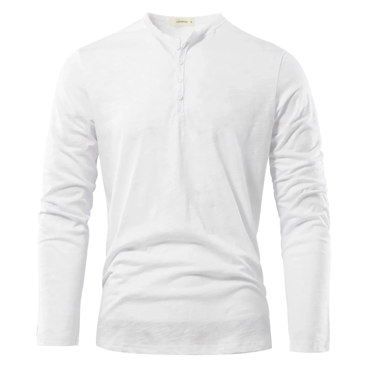 Men's slub cotton long-sleeved top in solid colour, pullover style, available in white black wine red army green khaki