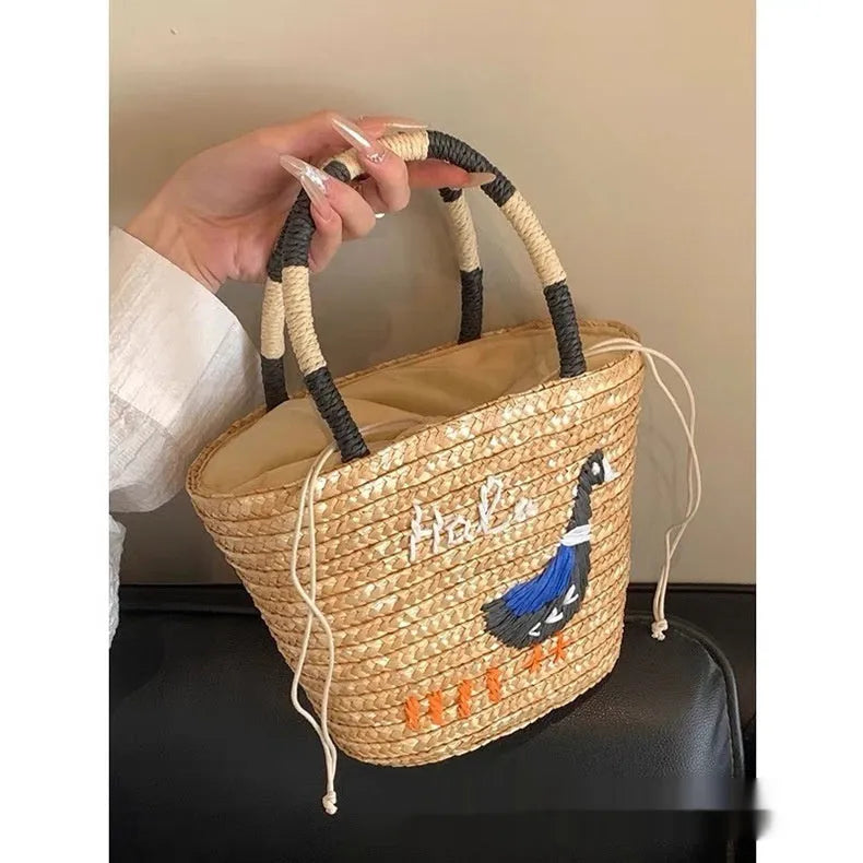 Women's hand-woven straw vegetable basket shoulder tote bag in khaki