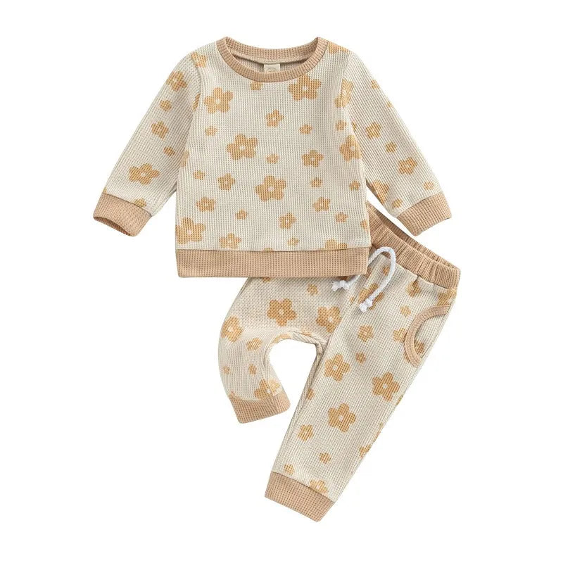Children's cotton flower print sweater suit set with top and trousers in beige, camel, white, and milky white colours