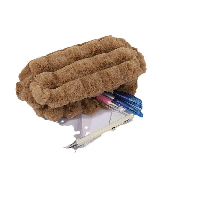 DIY plush Maillard-style student pencil case in beige colour with soft exterior