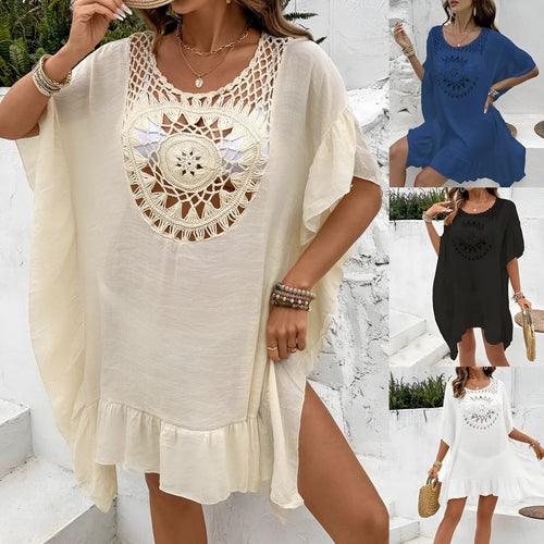 Crochet patchwork beach dress cover-up in slubbed hollow yarn fabric with collage stitching details