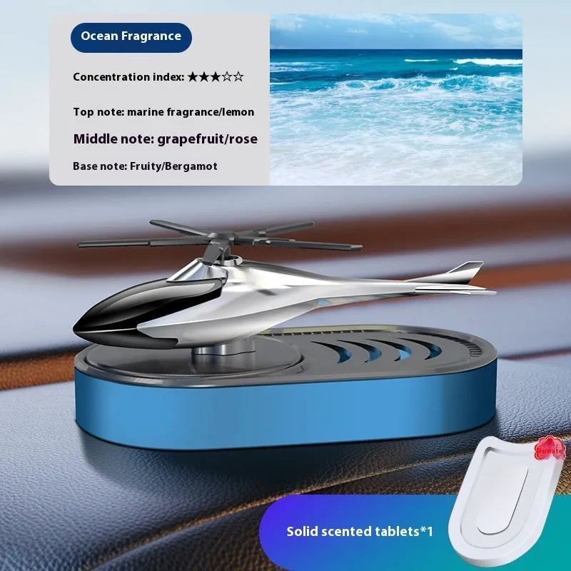 Solar car aromatherapy ornament in black, blue, silver or red plastic with environmentally friendly spice fragrant tablet for dashboard odour removal
