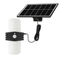 Black 8W solar outdoor floodlight with IP65 rating, three lighting modes, and motion sensor, 21.2cm x 18.4cm x 13.8cm