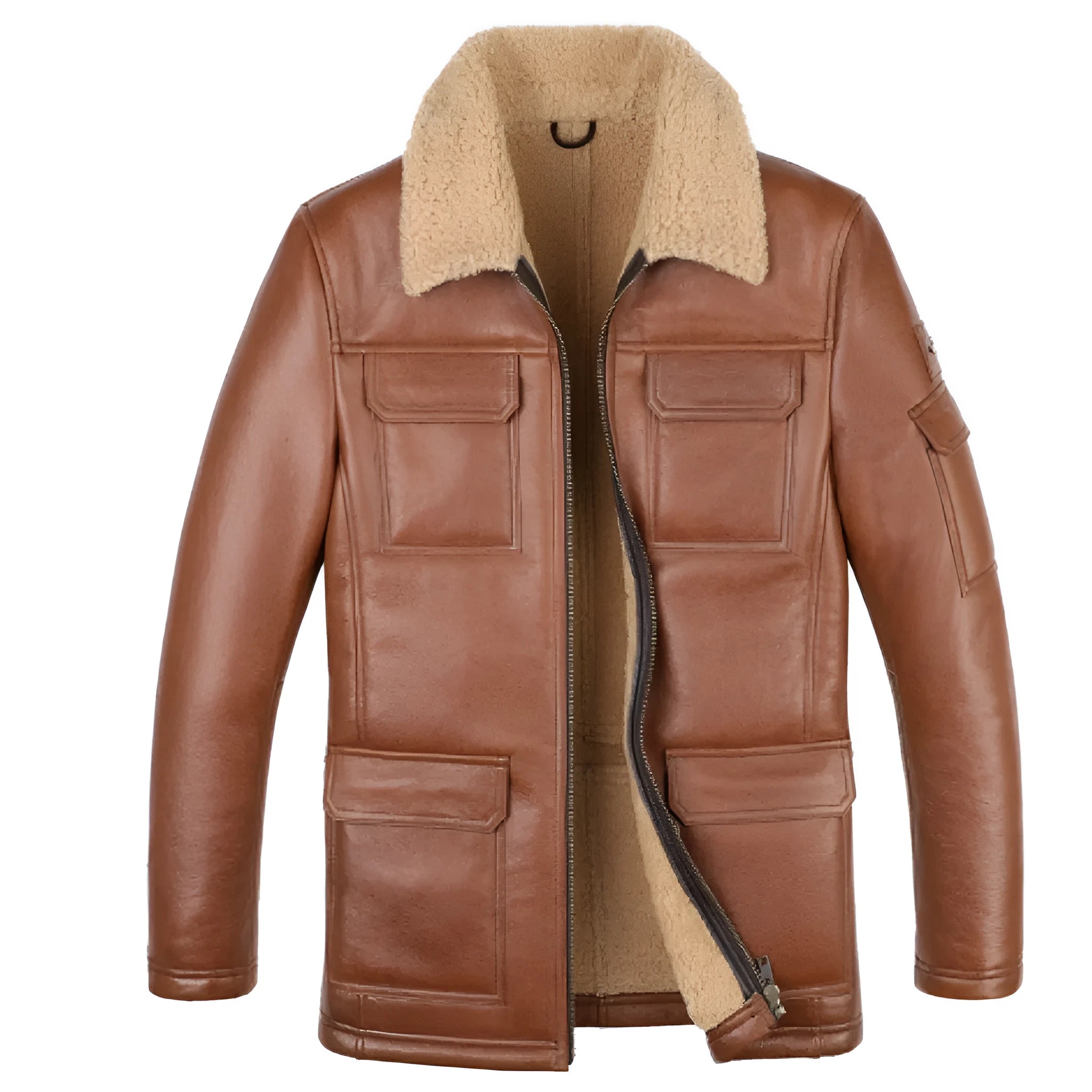 Sheepskin trench coat lapel jacket in champagne colour, slim fit, fur style, with multiple pockets