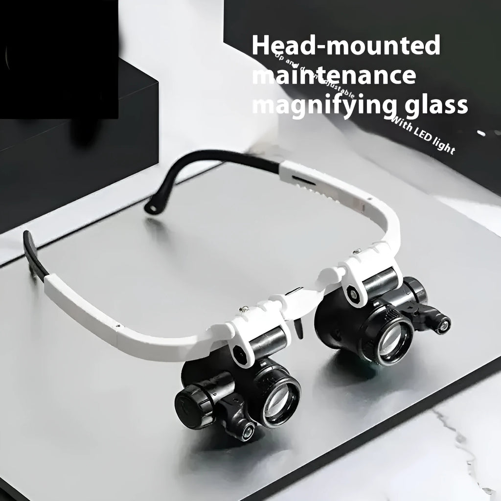 White head-mounted magnifying glass with LED light, shown folded and unfolded, for detailed repair work.