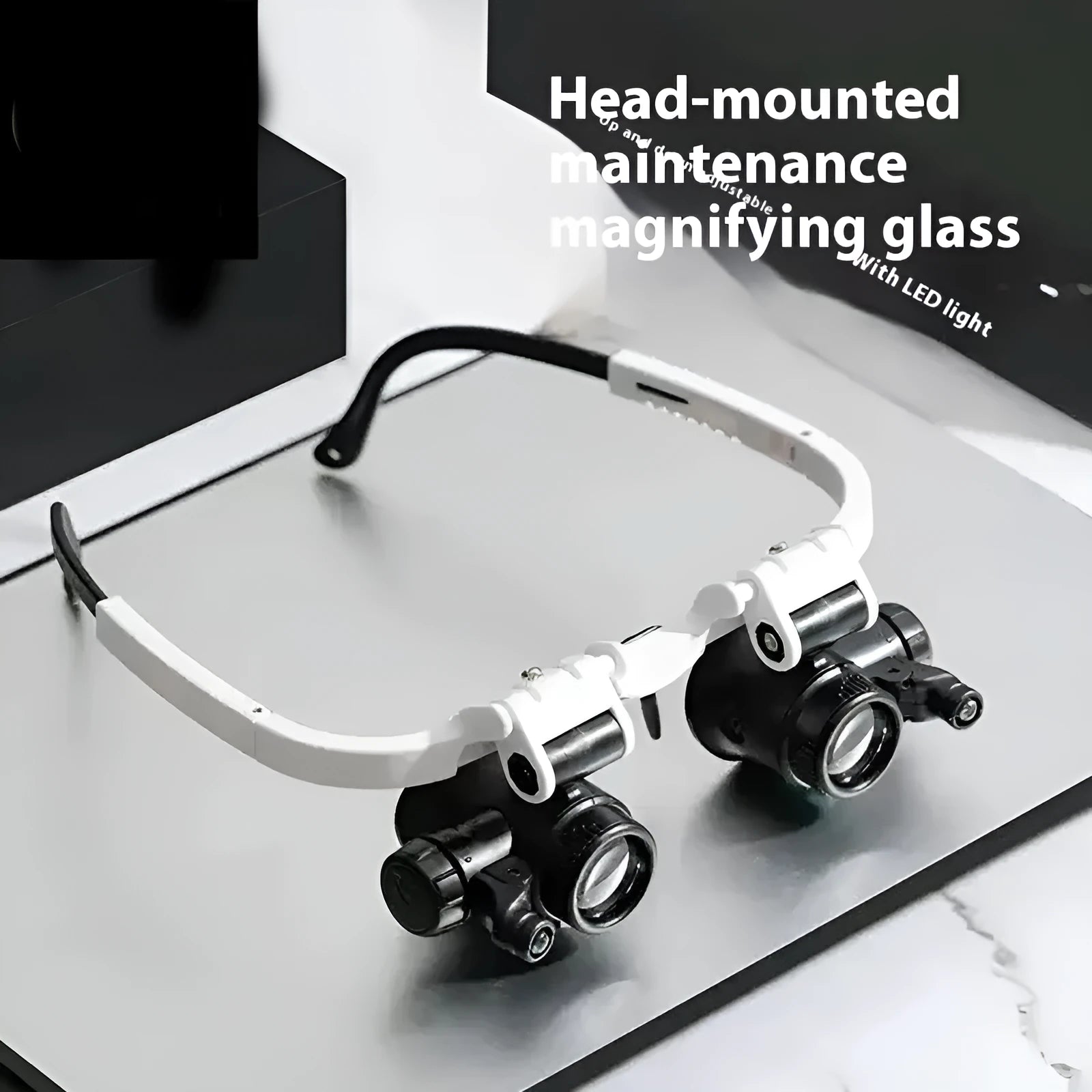 White head-mounted magnifying glass with LED light, shown folded and unfolded, for detailed repair work.