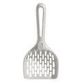 Grey plastic cat litter scoop resting in its matching plastic storage base