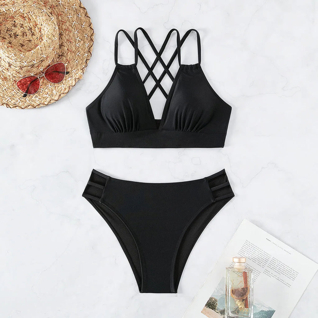 Women's V-neck halter bikini swimsuit in split design with adjustable ties