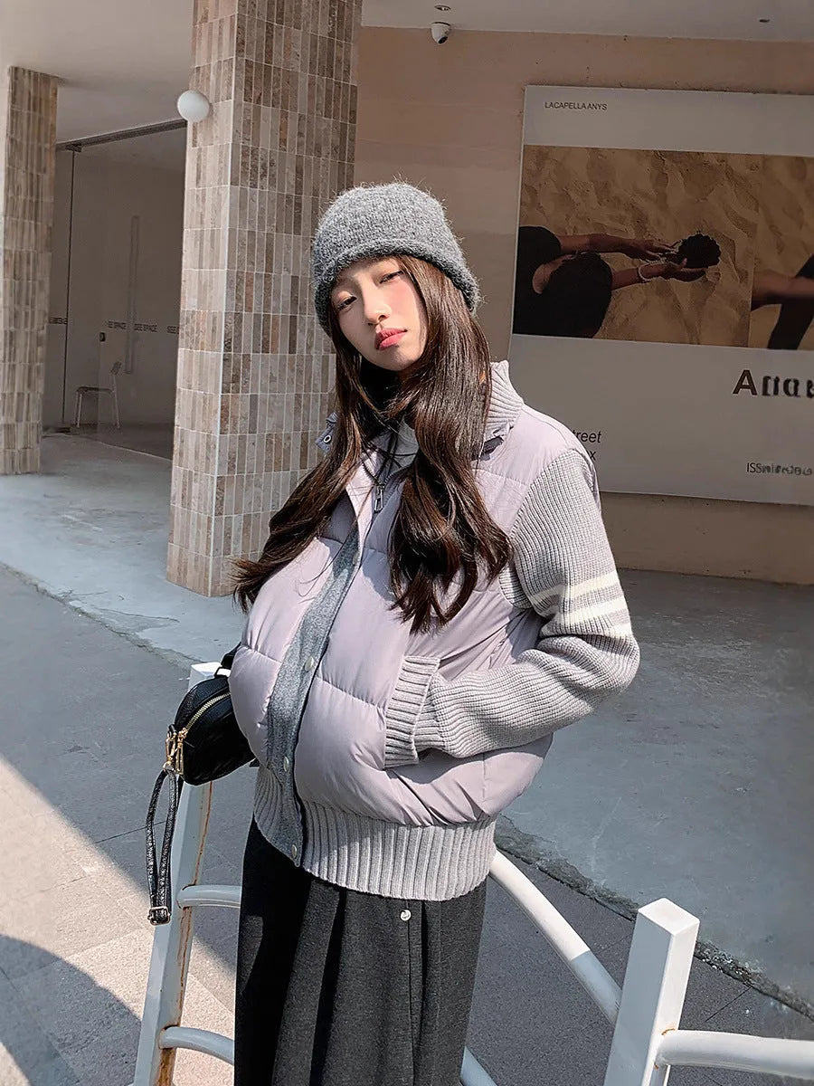 Women's casual cotton-padded jacket with knitted stitching colour contrast in beige, featuring pockets and regular sleeves
